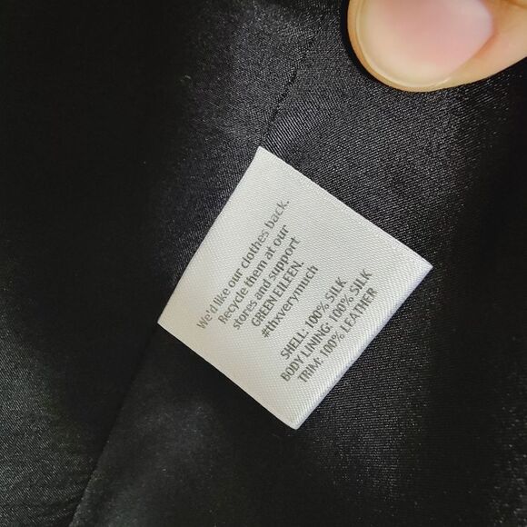 Eileen Fisher 100% Silk Chiffon Drape Front Blazer Leather Trim Black Small - Picture 8 of 12